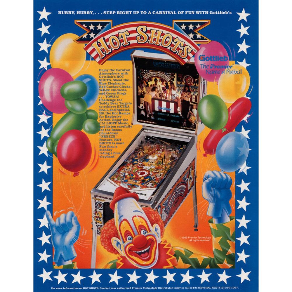 Hot Shots Pinball Flyer Original NOS Vintage Retro Game 1989 Carnival Theme Art